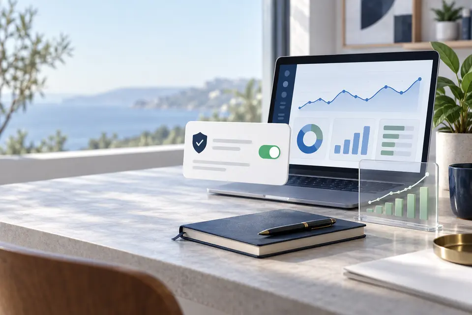 Laptop com métricas e interface de preferências de privacidade
