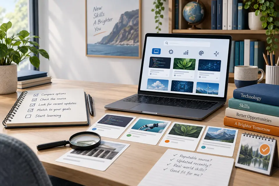Mesa de estudos com laptop e materiais de cursos de tecnologia